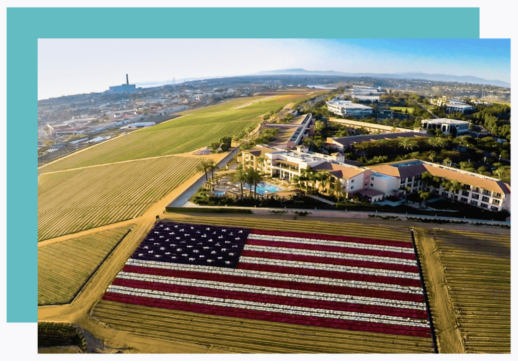 top view of a field with american flag